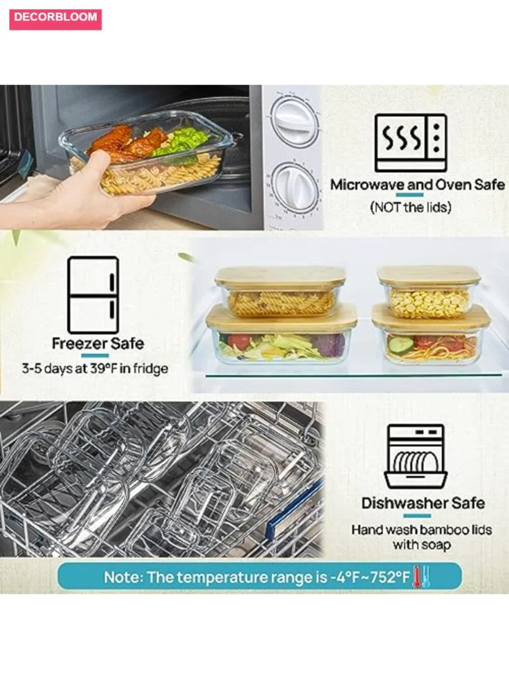 4pc Glass Food Storage Containers with Bamboo Lids, Meal Prep, Microwave & Oven